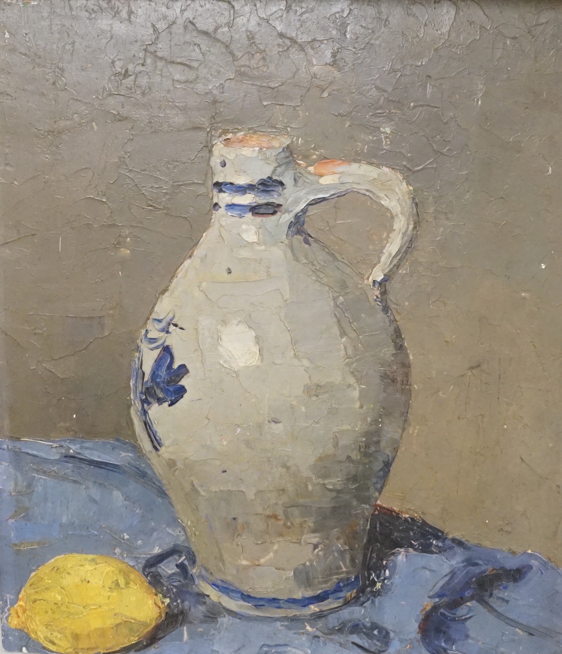 Émile Lecomte (French, 1866-1938), oil on mahogany panel, Still life of a stoneware flagon and a lemon, artist's label verso, 34 x 29cm, unframed